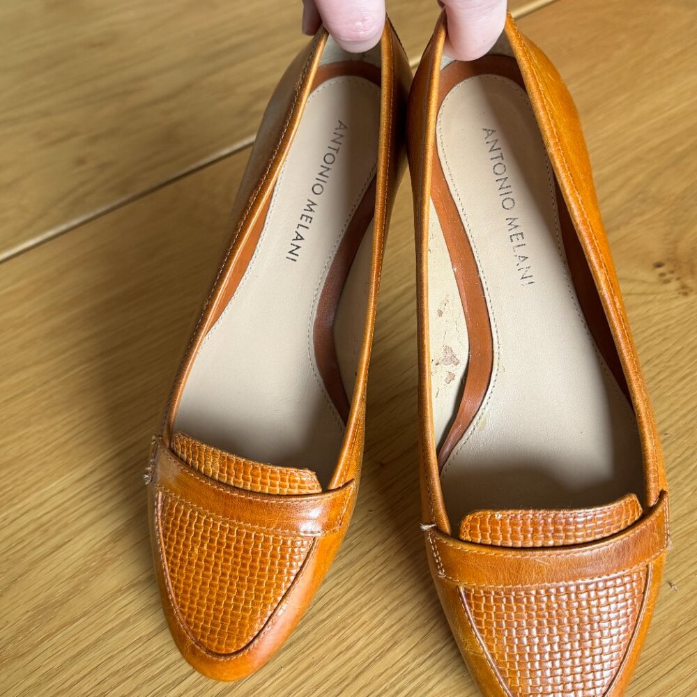 Antonio Melani Tan Leather Loafers Size 6.5 Woven Penny Flats - Picture 10 of 12